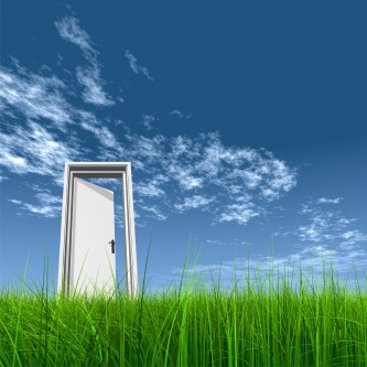 Door opened in grass to the sky